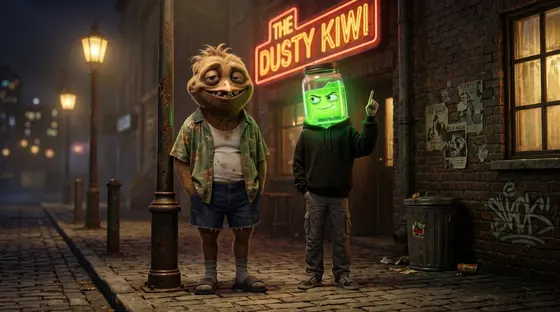 Kiwi, créature poilue en chemise hawaïenne, et Fluo, tête de bocal vert lumineux en sweat noir, dans une rue pavée la nuit, sous l’enseigne néon d’un bar.