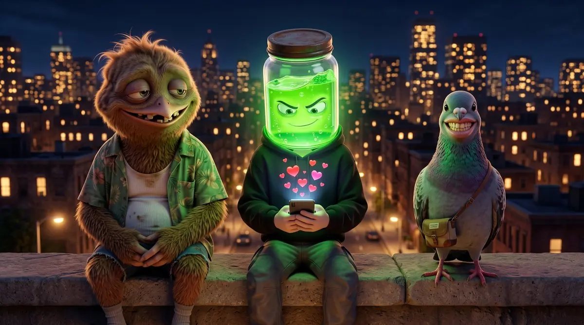 Kiwi, Fluo et le pigeon assis au bord d’un toit, la nuit, face à la ville illuminée. Fluo regarde son téléphone d’où s’échappent des cœurs.
